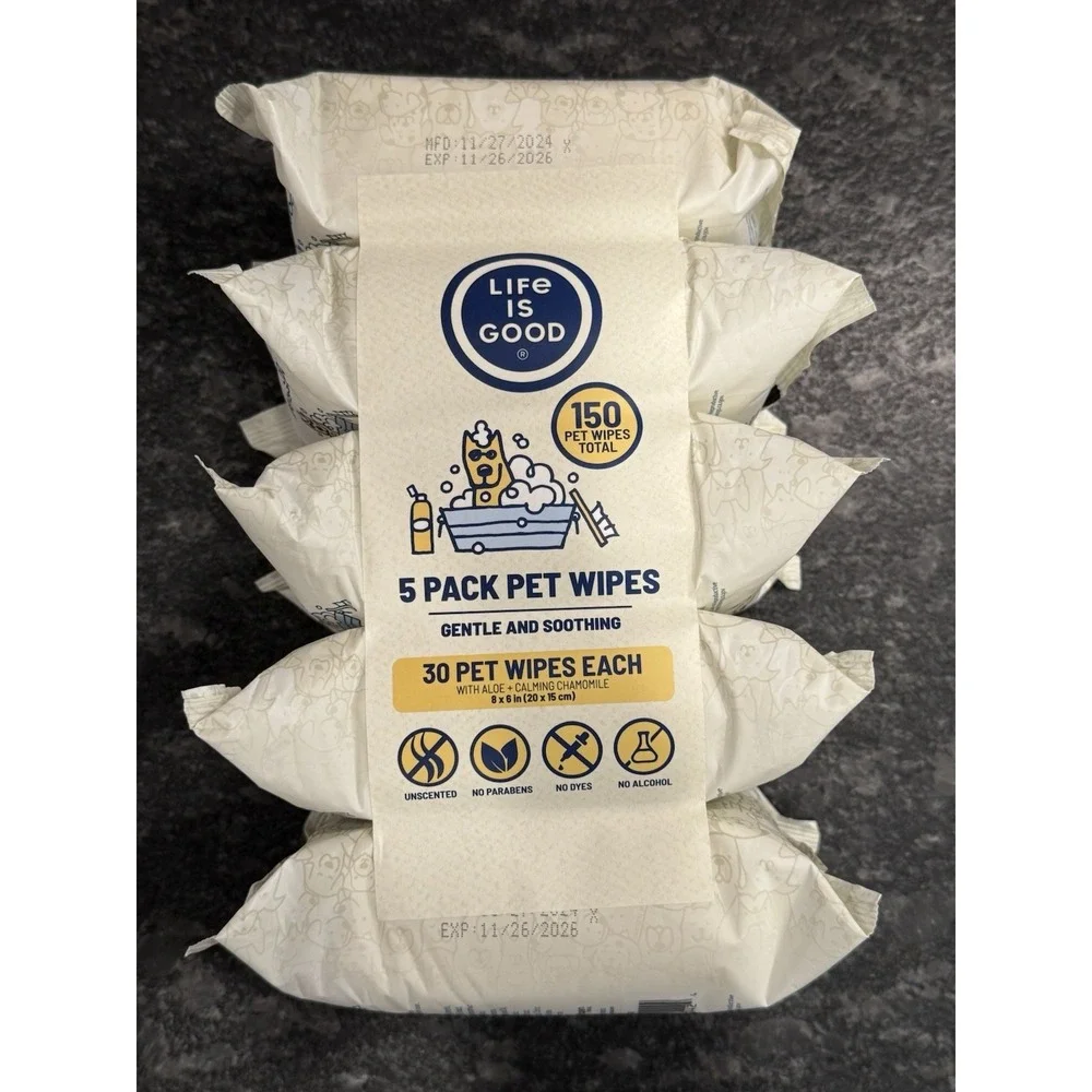 Life Is Good Pet Wipes Aloe & Calming Chamomile 5 Pack 150 Wipes Total LG1045